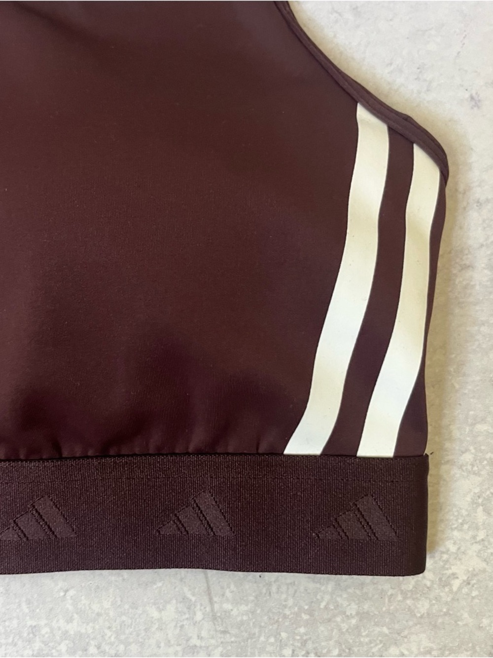 Adidas Racerback Sports Bra Chocolate Brown Three-Stripe Logo Mesh Sporty Gym - Picture 2 of 3